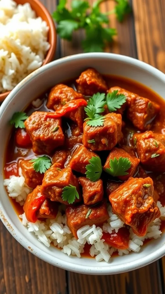 A bowl of Beef Vindaloo with rice and cilantro on a rustic table.