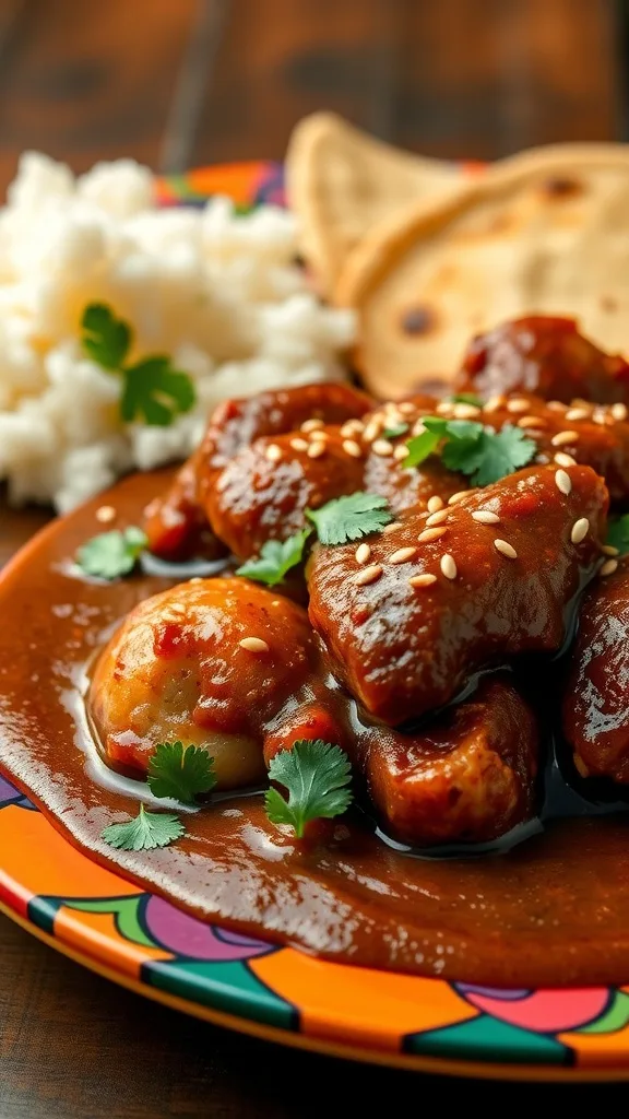 Rich and Flavorful Chicken Mole Recipe A plate of Chicken Mole with dark sauce over chicken, garnished with sesame seeds, served with rice and tortillas.