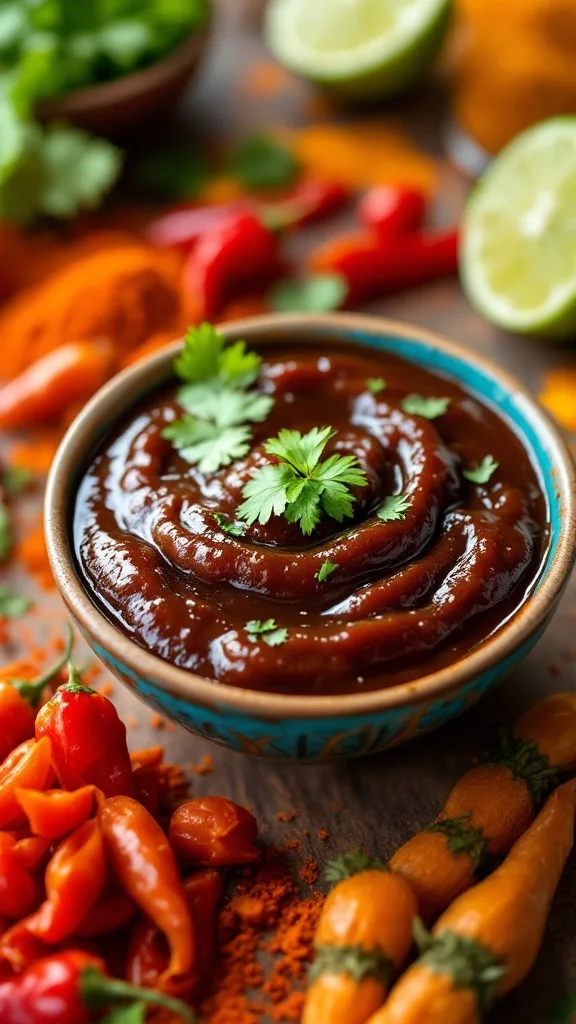 Bowl of tamarind sauce with cilantro and lime, surrounded by chili powder and tamarind pods.