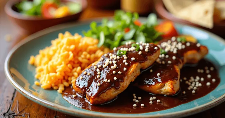 A plate of Chicken Mole served with rive