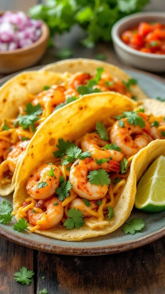 A plate of delicious shrimp tacos topped with cheese and cilantro, served with lime wedges.