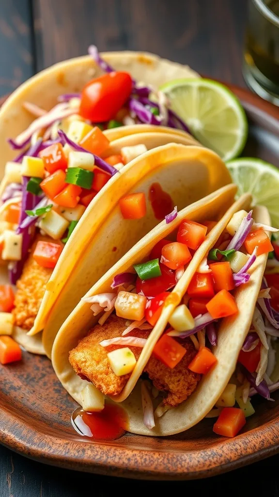 Veracruz style fish tacos with crispy fish, cabbage slaw, tomatoes, and lime on a rustic plate.