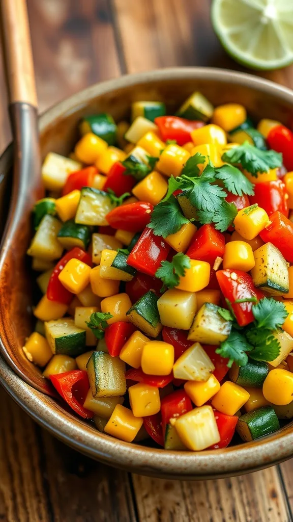 A colorful bowl of calabacitas with zucchini, corn, and bell peppers, garnished with cilantro on a wooden table. - The Best Easy Calabacitas Recipe