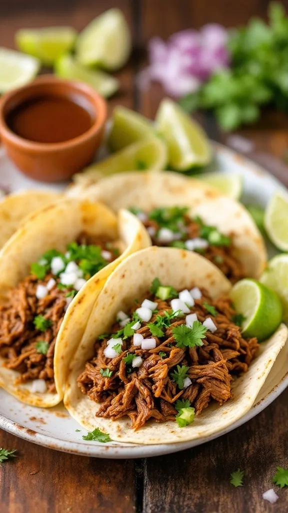 Savory Beef Birria Tacos Recipe A delicious plate of beef birria tacos with cilantro and onions, served with lime and consomé.