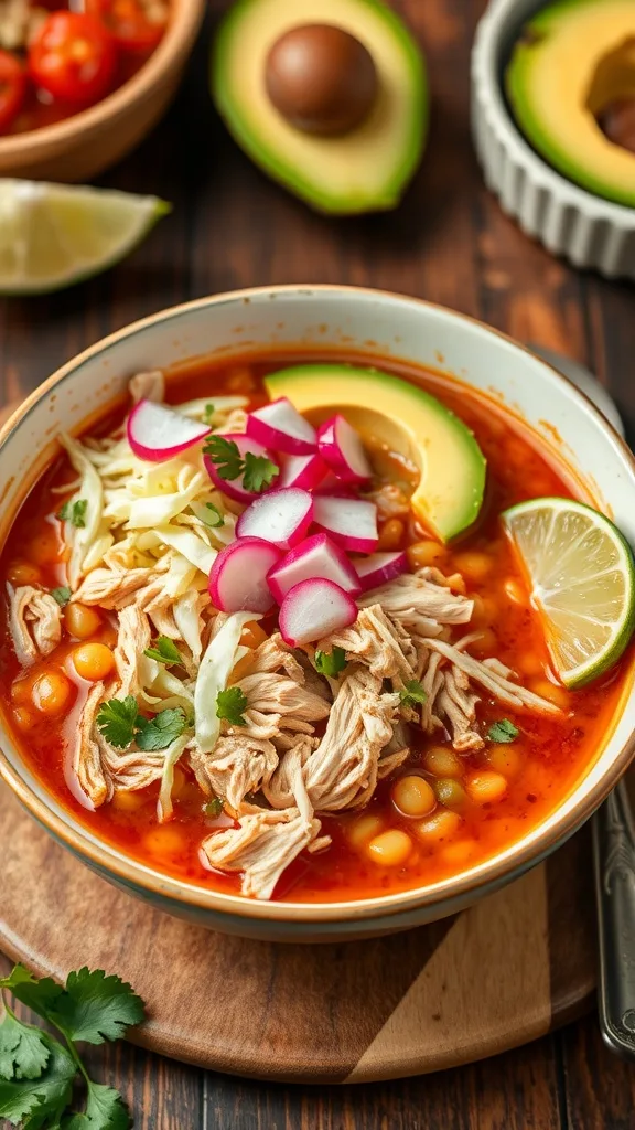 A hearty bowl of chicken pozole garnished with cabbage, radishes, and avocado on a rustic table.