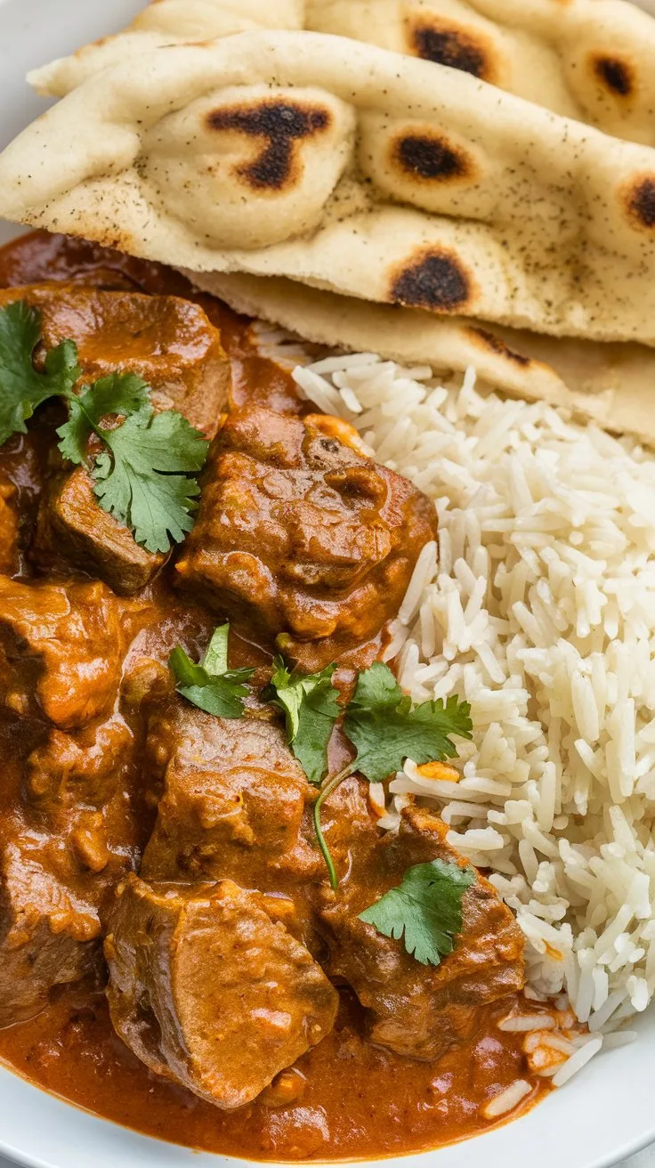 Beef Madras served with Basmati Rice and a Naan