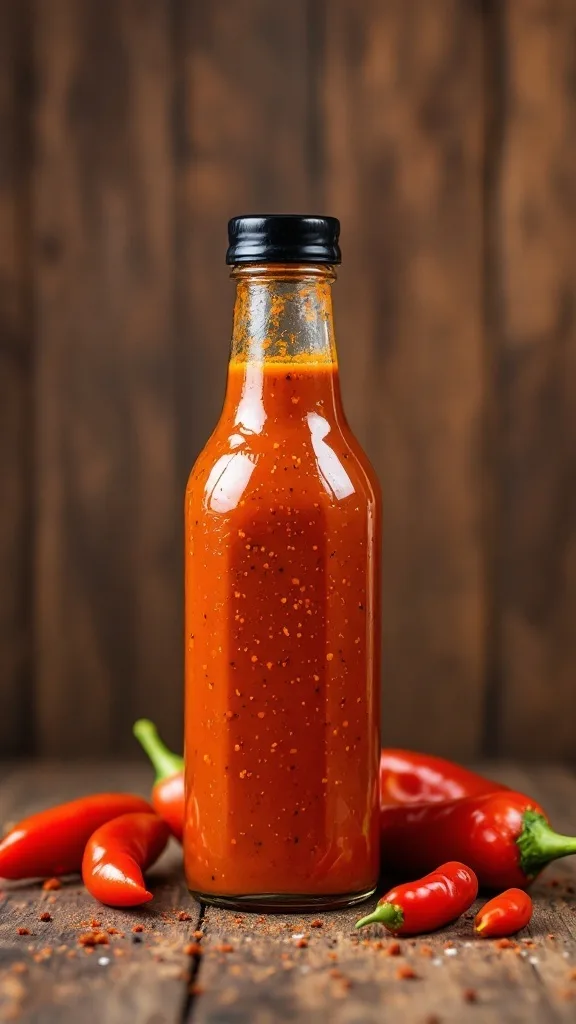 A bottle of spicy chipotle hot sauce with dried chipotle peppers on a wooden table.