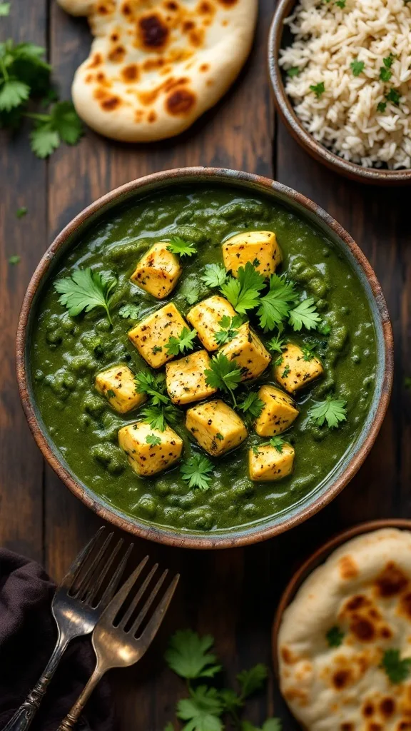 A bowl of creamy palak paneer garnished with coriander, served with naan and rice