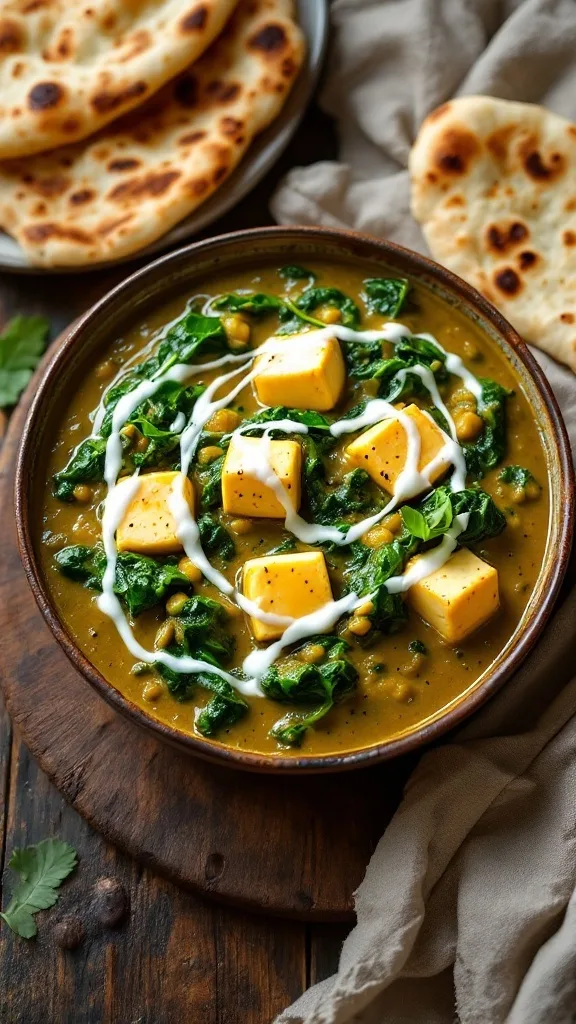 A bowl of creamy sag paneer with spinach, paneer cubes, and naan bread in the background.