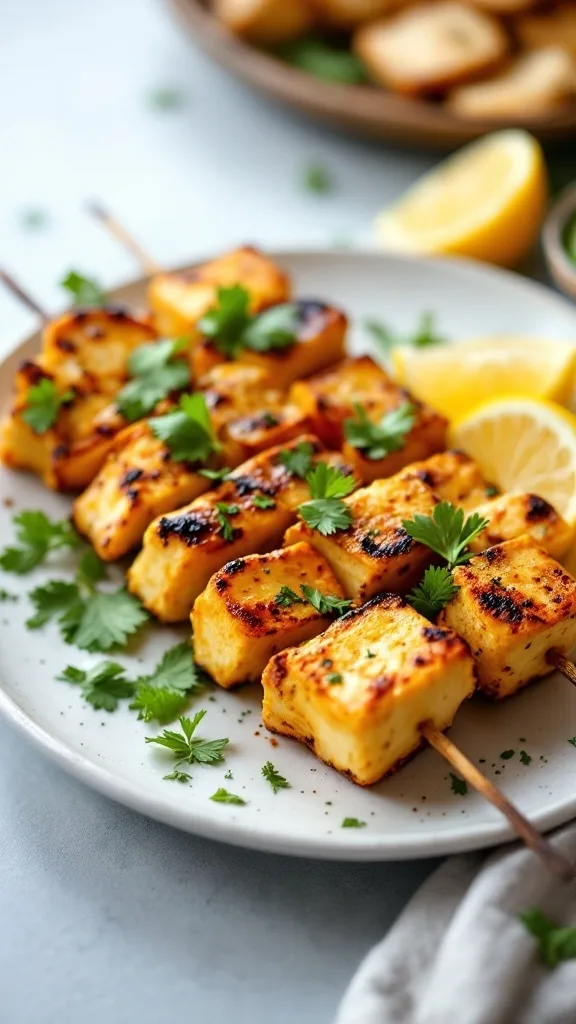 Grilled paneer tikka skewers garnished with fresh cilantro and lemon slices