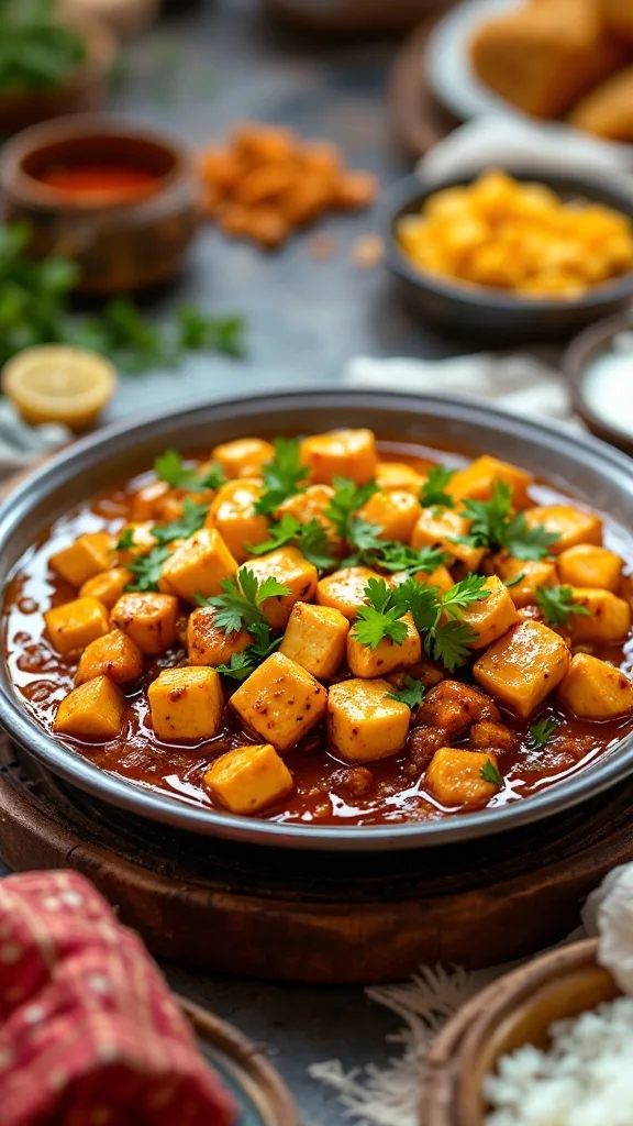 A bowl of spiced paneer ghee roast topped with fresh coriander on a rustic table