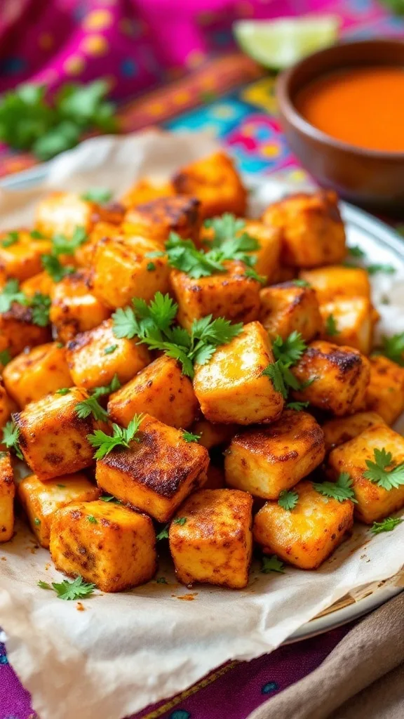 A plate of crispy Paneer 65 garnished with fresh coriander leaves and served with a bowl of sauce.