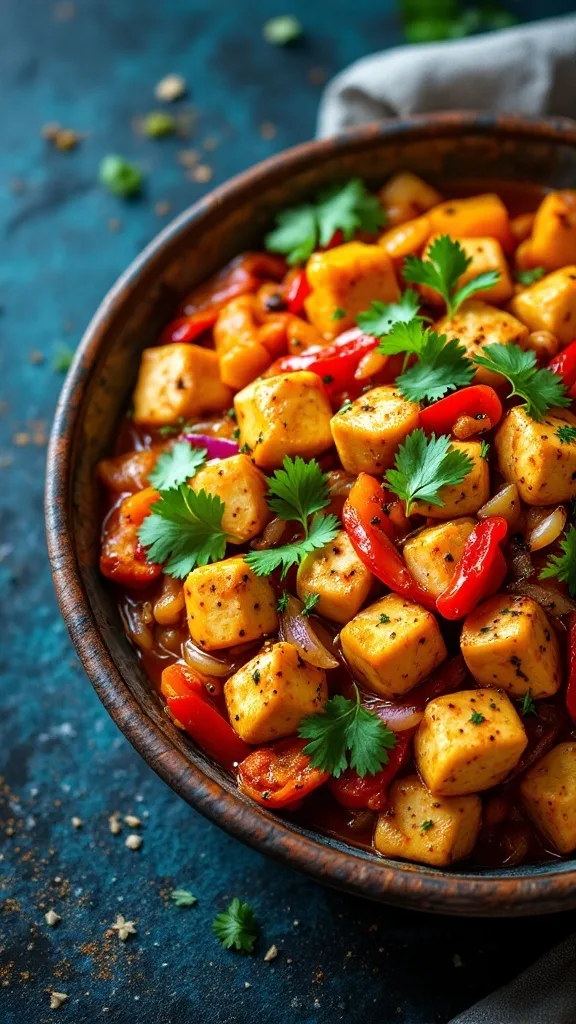 A bowl of Spicy Kadai Paneer with vibrant colors and garnished with fresh coriander.