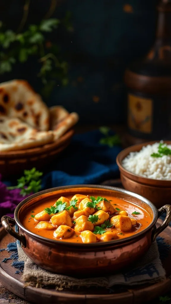 A bowl of Paneer Butter Masala with naan and rice