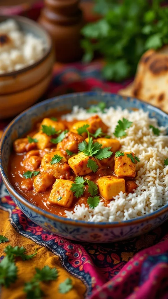 A bowl of Vegetarian Paneer Tikka Masala with rice and naan on a colorful tablecloth
