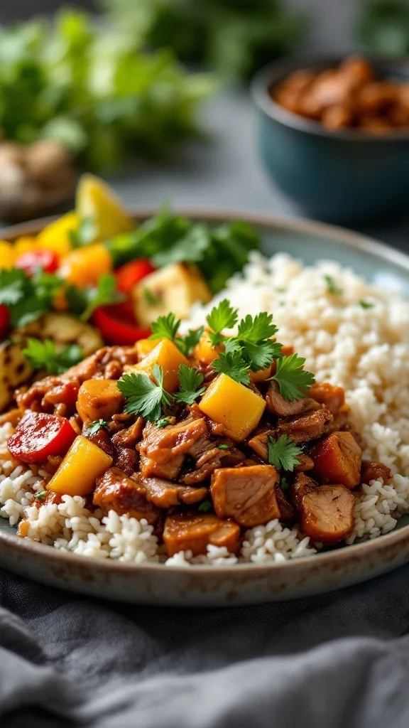 A plate of pineapple teriyaki pulled pork served with rice and vegetables