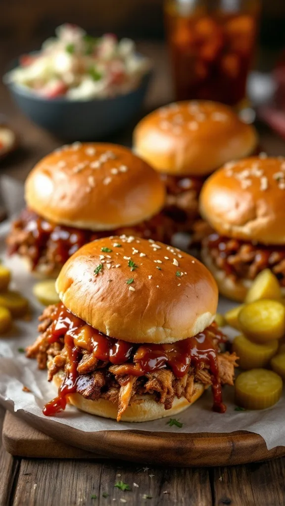 Close-up of pulled pork sliders with cola BBQ sauce, garnished and served with pickles.