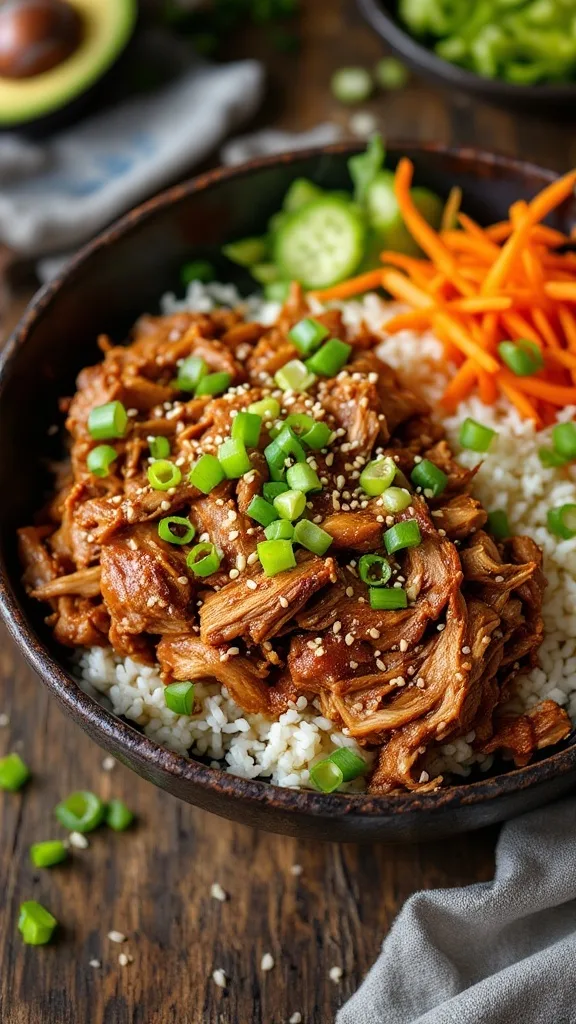 Bowl of pulled pork with rice, garnished with green onions and sesame seeds, alongside fresh vegetables.