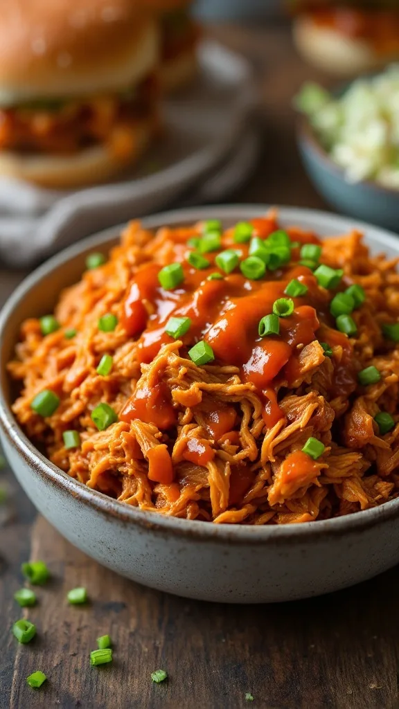 A bowl of slow cooker buffalo pulled pork topped with green onions, with sandwiches in the background.