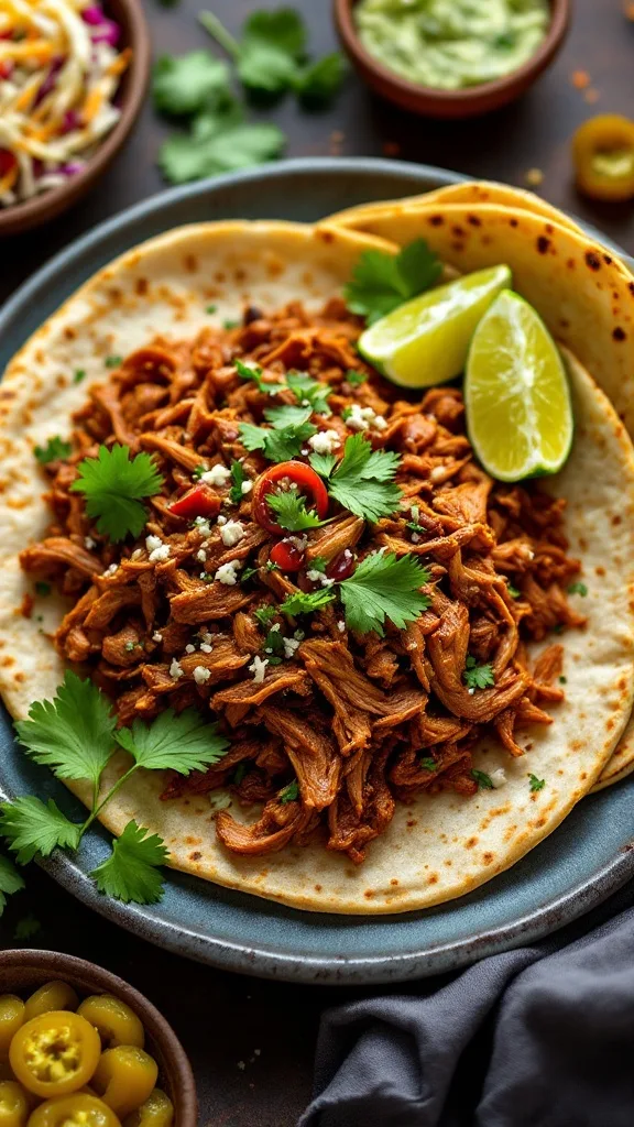 Plate of slow cooker chipotle pulled pork with tortillas, lime, and cilantro