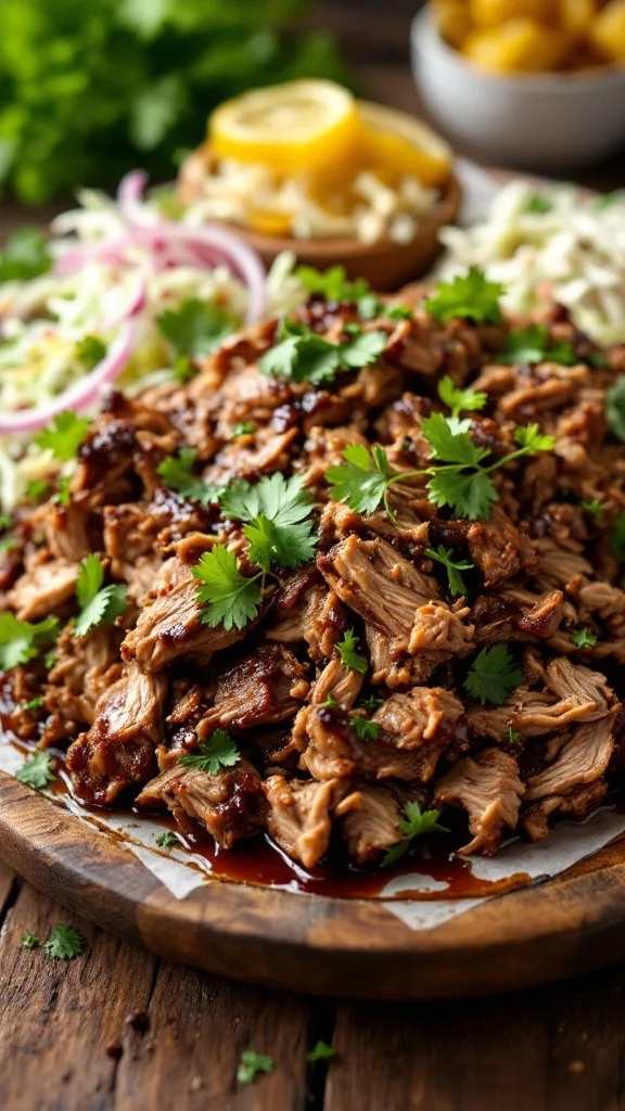 A plate of slow cooker coffee-rubbed pulled pork topped with fresh cilantro, served with sides of coleslaw and pickles.