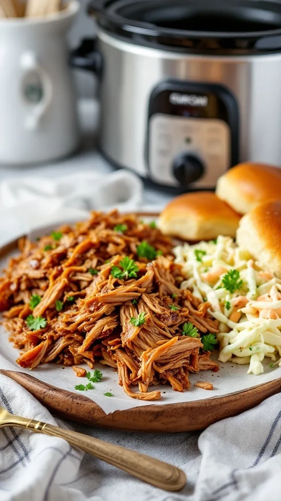 A plate of pulled pork with coleslaw and soft buns next to a slow cooker.