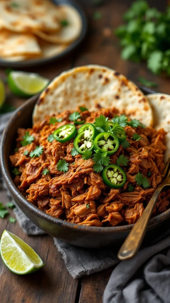 A bowl of jerk-spiced pulled pork with jalapeños, cilantro, and tortillas.