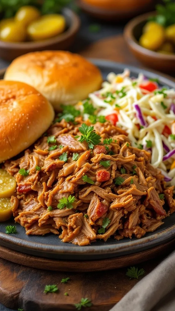 Plate of pulled pork with two buns, coleslaw, and pickles.
