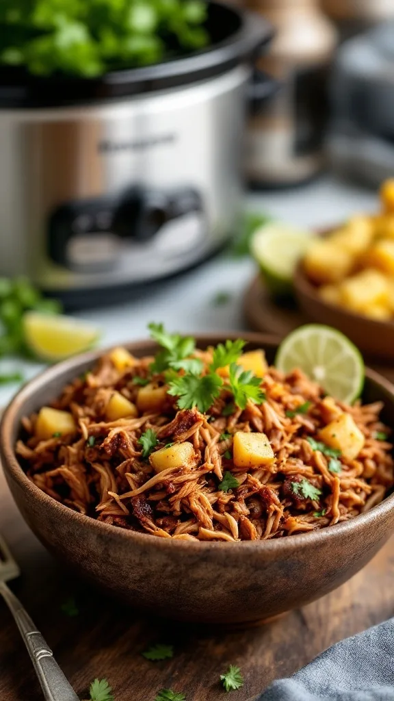 Bowl of slow cooker pineapple chipotle pulled pork topped with cilantro and pineapple, with a slow cooker in the background.