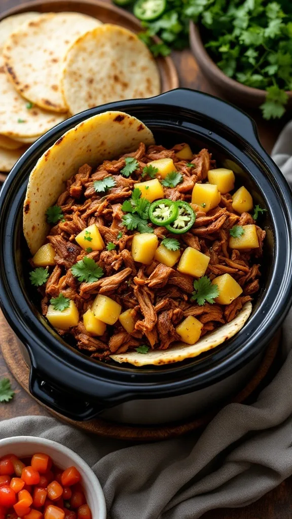 Slow Cooker Pineapple Jalapeño Pulled Pork served in a black slow cooker with tortillas, cilantro, and diced tomatoes on the side.