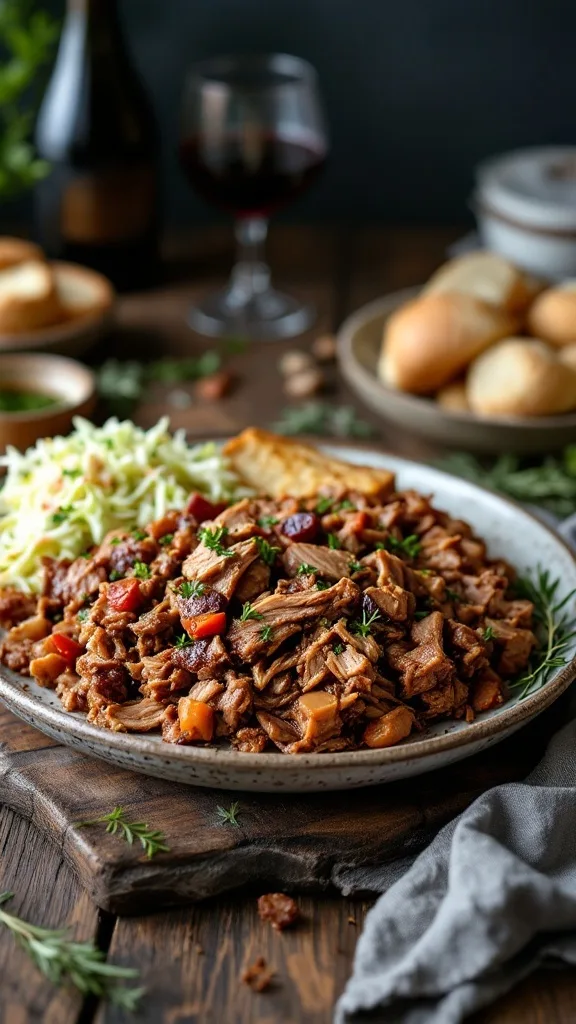 A plate of Slow Cooker Red Wine Pulled Pork served with coleslaw and bread rolls.
