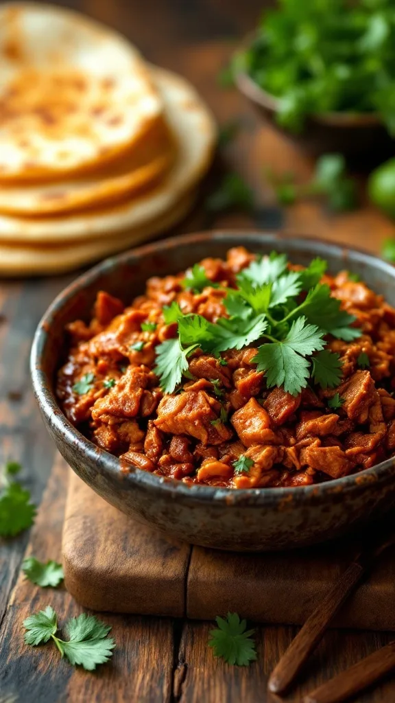 Bowl of spicy chipotle pulled pork garnished with cilantro, with tortillas stacked behind on a wooden table.