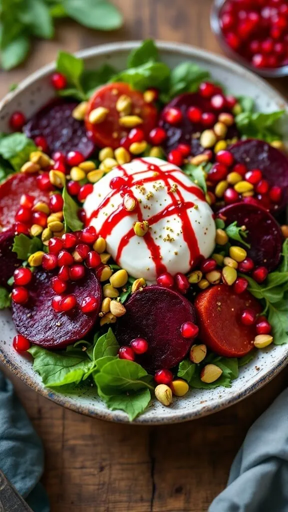 Burrata and Roasted Beet Salad with Pomegranate Glaze and Pistachios