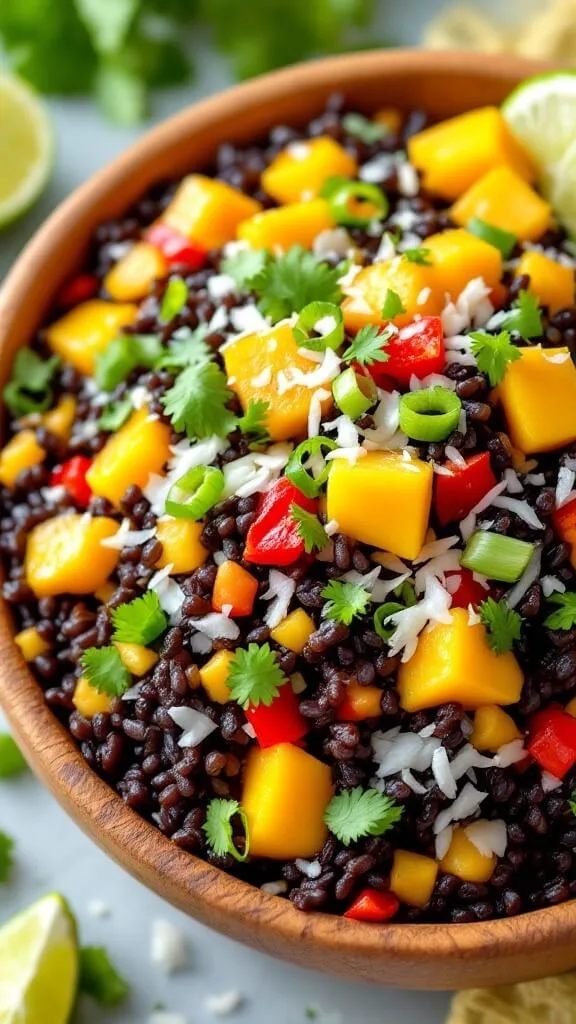 A Vibrant Tropical Black Rice Salad with Mango and Coconut