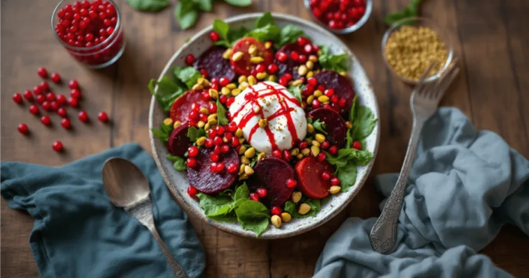 Burrata and Roasted Beet Salad with Pomegranate Glaze and Pistachios