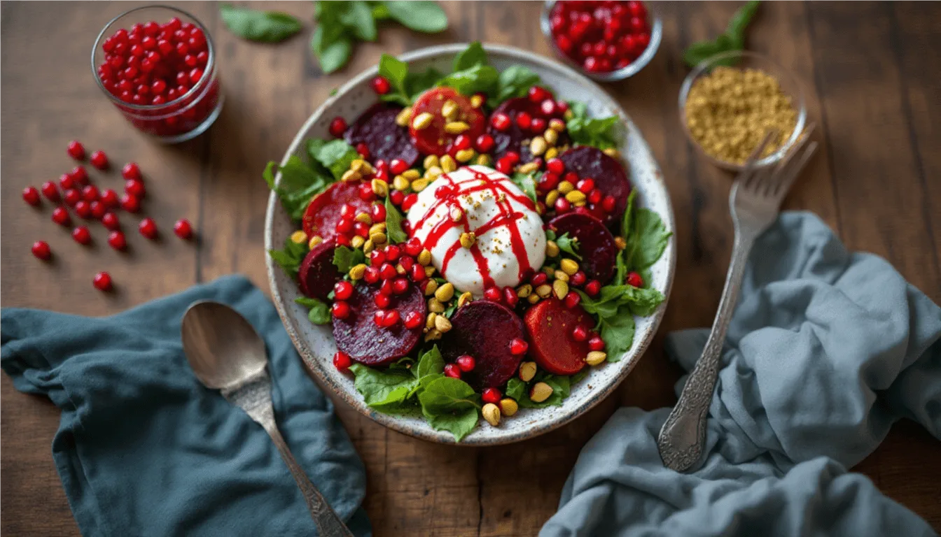 Burrata and Roasted Beet Salad with Pomegranate Glaze & Pistachios
