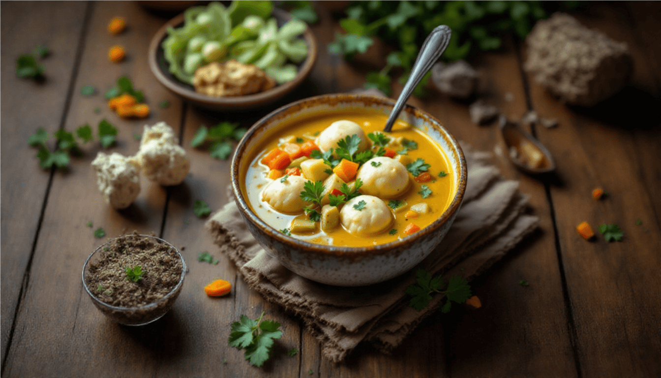 Creamy Coconut Curry Soup with Fluffy Dumplings – A Comforting Bowl of Heaven