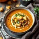 Deliciously Spicy Pumpkin Soup with Grilled Cheese Croutons