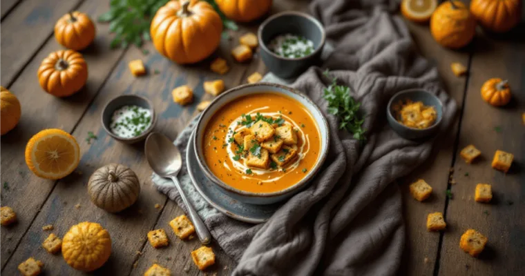 Deliciously Spicy Pumpkin Soup with Grilled Cheese Croutons