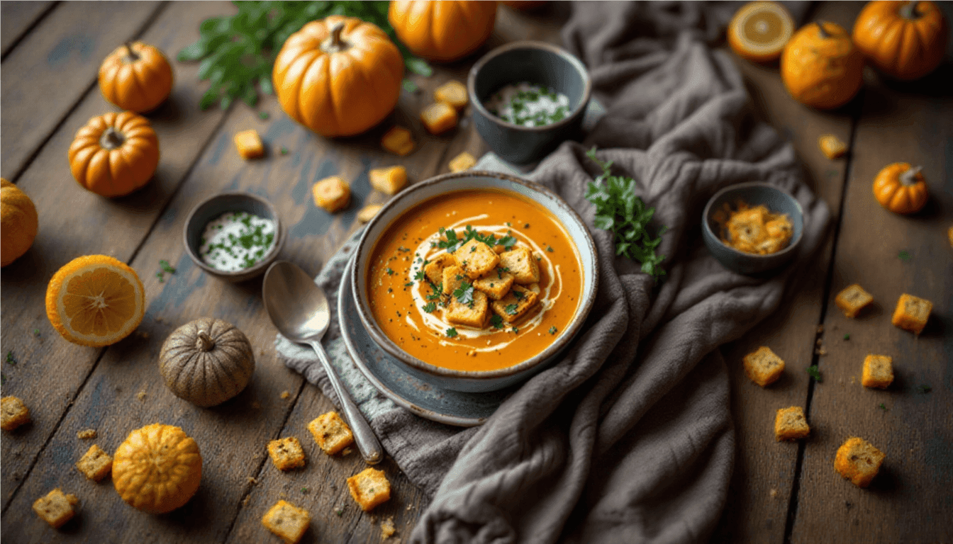 Spicy Pumpkin Soup with Grilled Cheese Croutons