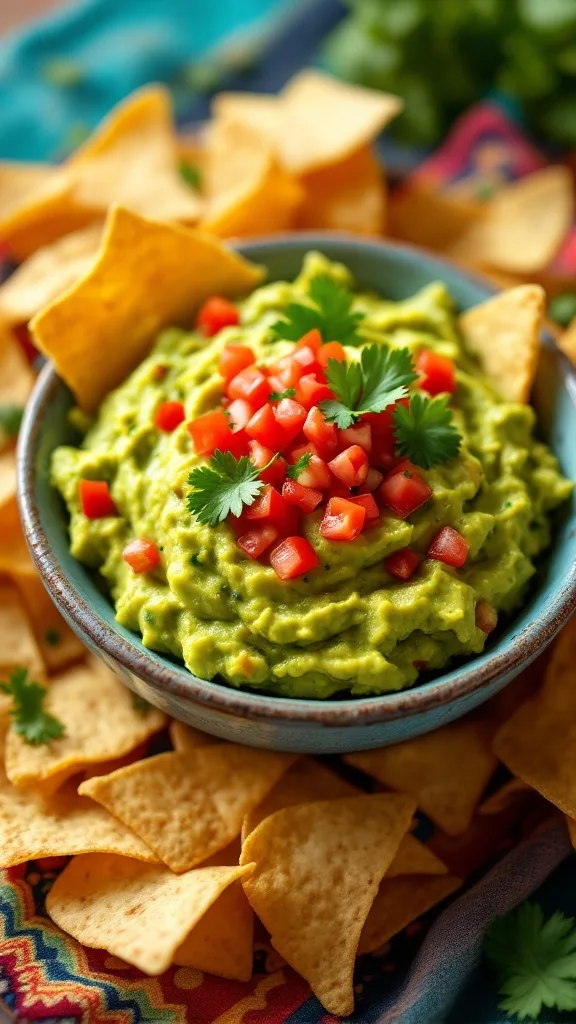 A bowl of fresh guacamole topped with diced tomatoes and cilantro, surrounded by tortilla chips.