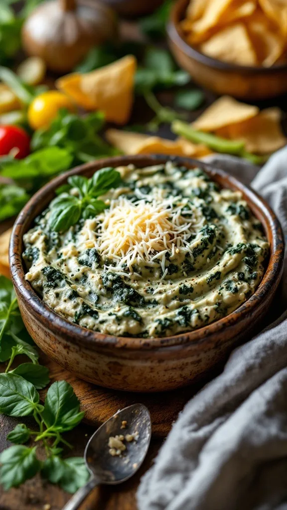 A bowl of creamy spinach dip topped with cheese, surrounded by snacks and greens.