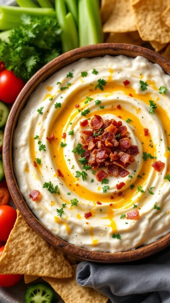 Bowl of cheesy bacon ranch dip garnished with bacon bits and herbs, surrounded by chips and vegetables.