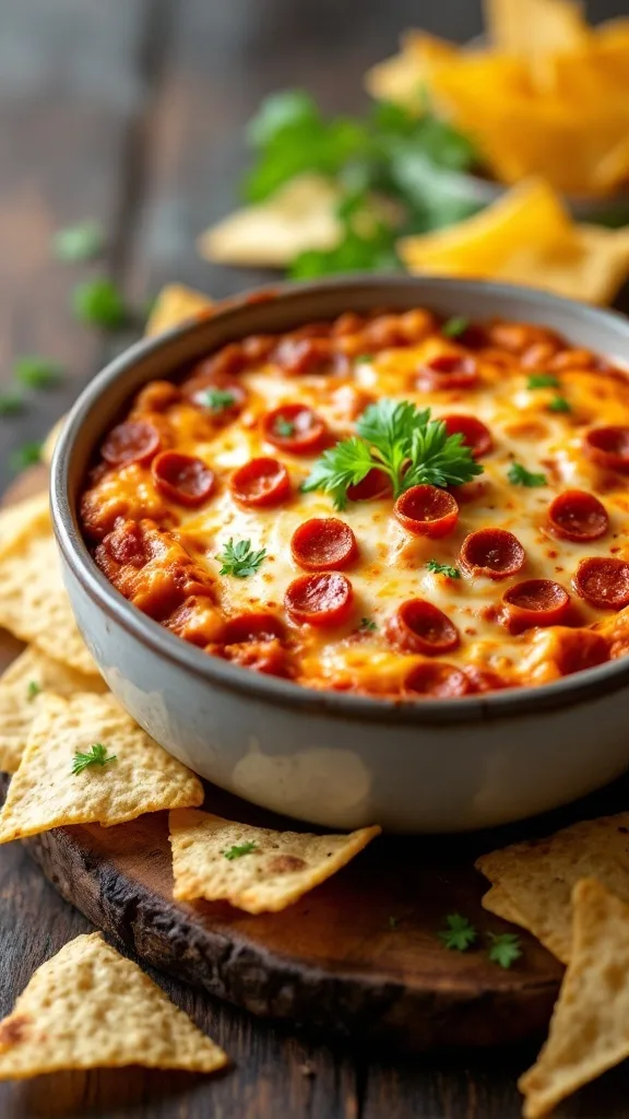 A delicious cheesy pepperoni dip in a bowl surrounded by tortilla chips.