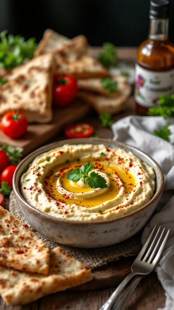 Baba Ganoush served with pita bread and tomatoes