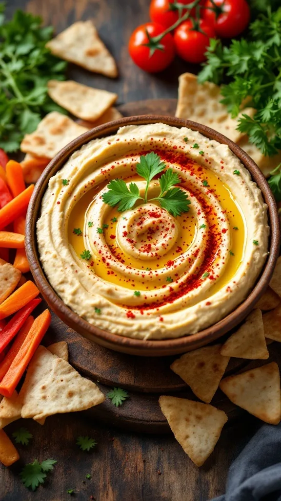 A bowl of hummus garnished with olive oil and herbs, surrounded by pita chips and fresh vegetables.