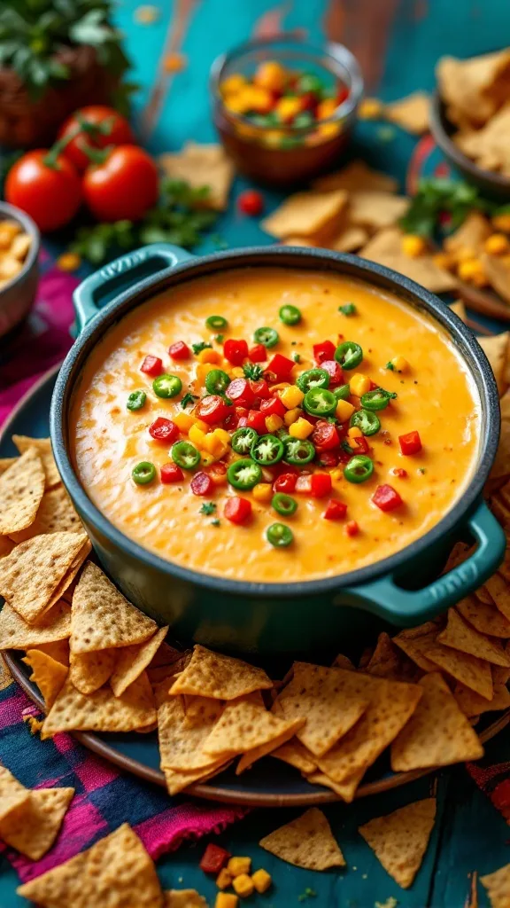 A bowl of queso dip with toppings, surrounded by tortilla chips.