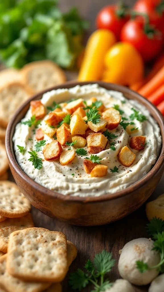 A bowl of Everything Bagel Dip topped with crispy bits and surrounded by crackers and fresh vegetables.