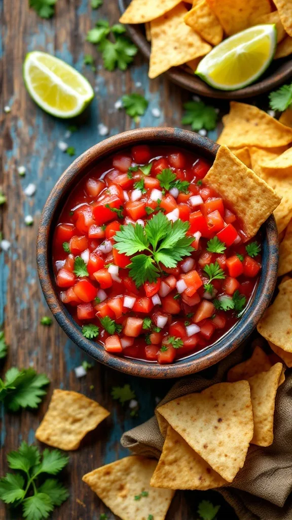 A bowl of fresh salsa surrounded by tortilla chips and lime wedges.