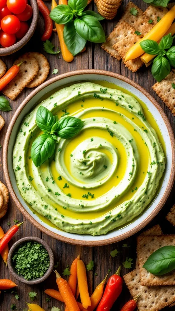 A bowl of fresh pesto dip surrounded by colorful vegetables and crackers.